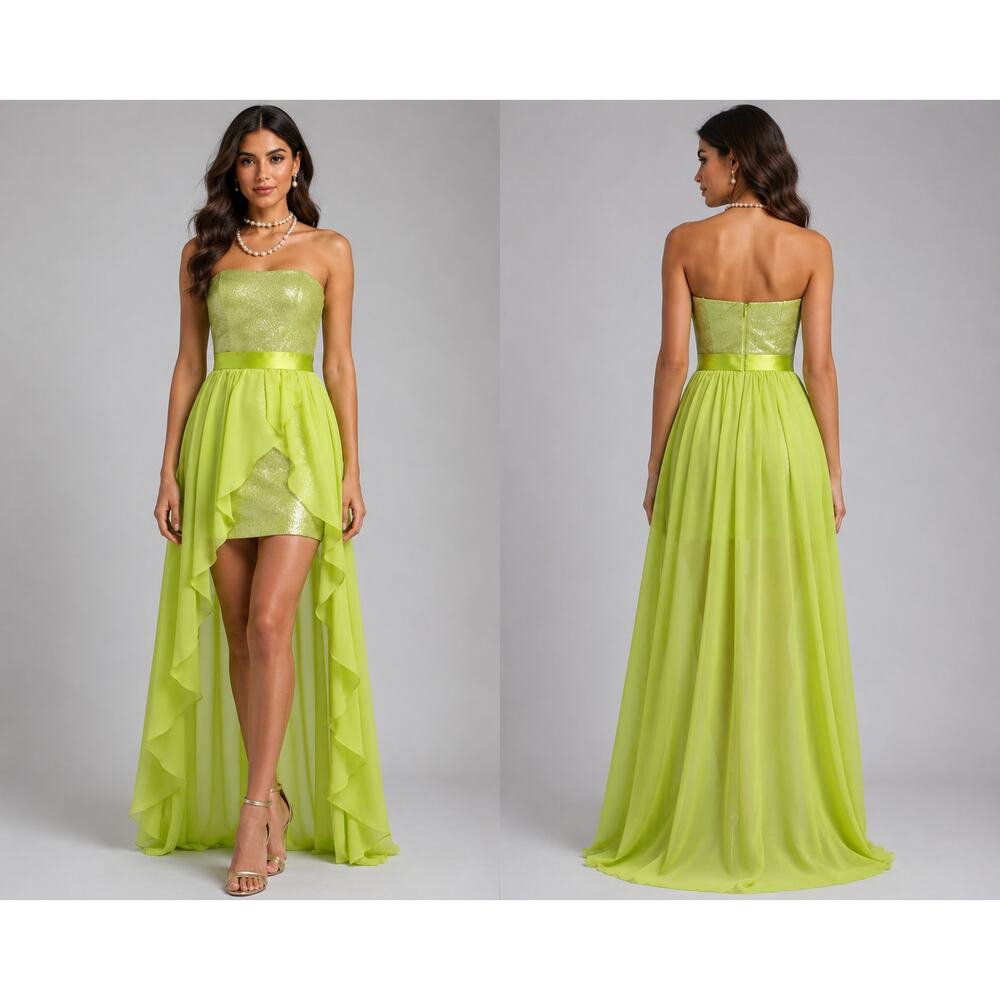 Cache Apple Green Sequin Encrusted Straples Event New HiLow Dress Lined $218 NWT